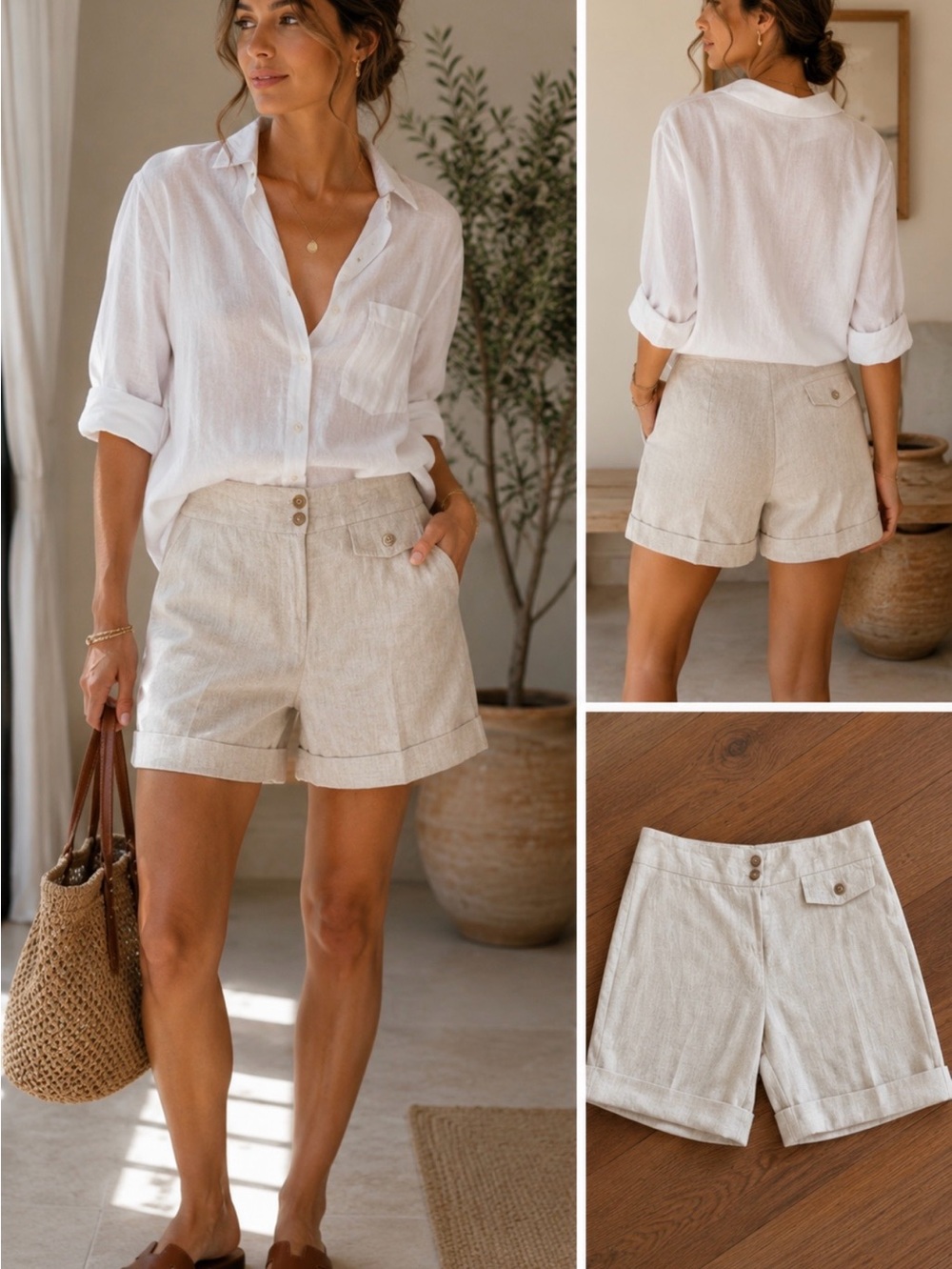 IVHO 100% Linen Coastal Cuffed Bermuda Shorts Natural Beige Size Small 💚🍄